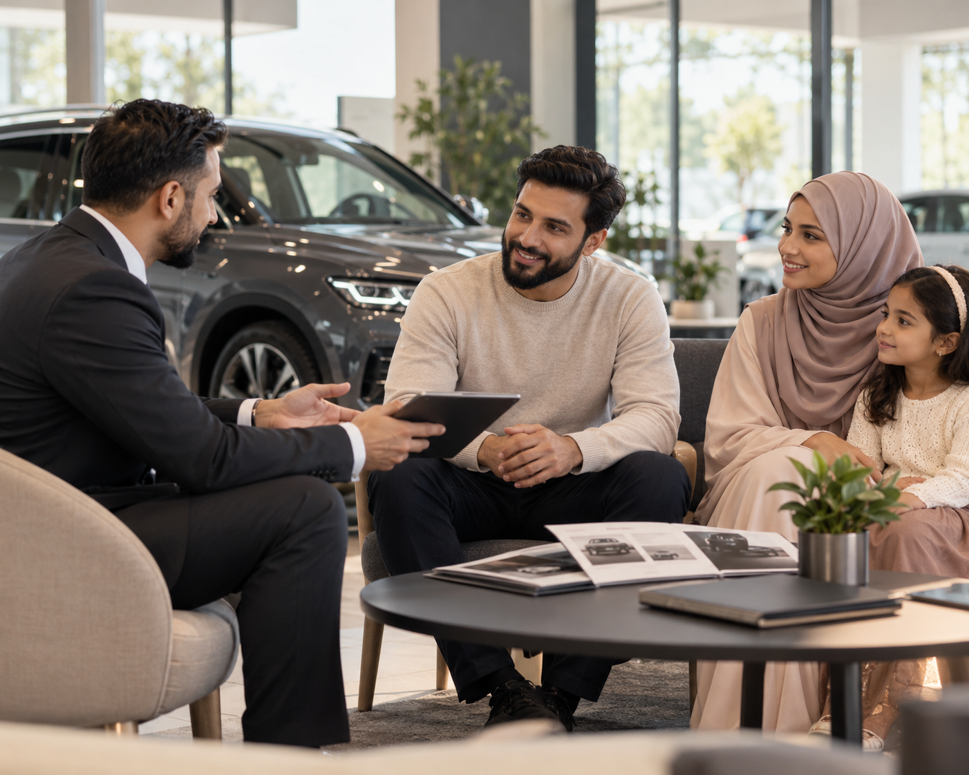 Muslim family discussing vehicle options with an adviser in a modern showroom